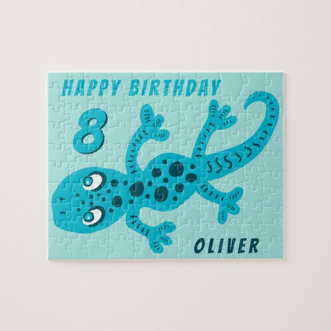 Cute Blue Gecko Lizard Kids Birthday Jigsaw Puzzle (Horizontal)