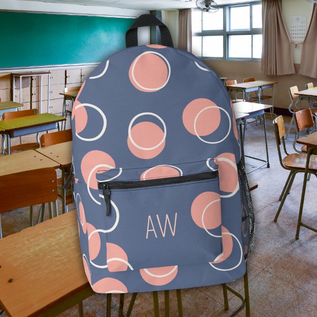Cute Blue Geometric Circles Monogram Initials Printed Backpack (Creator Uploaded)