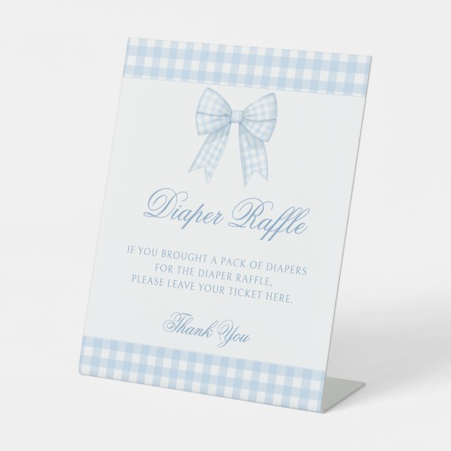 Cute blue gingham bow baby boy diaper raffle pedestal sign (Front)