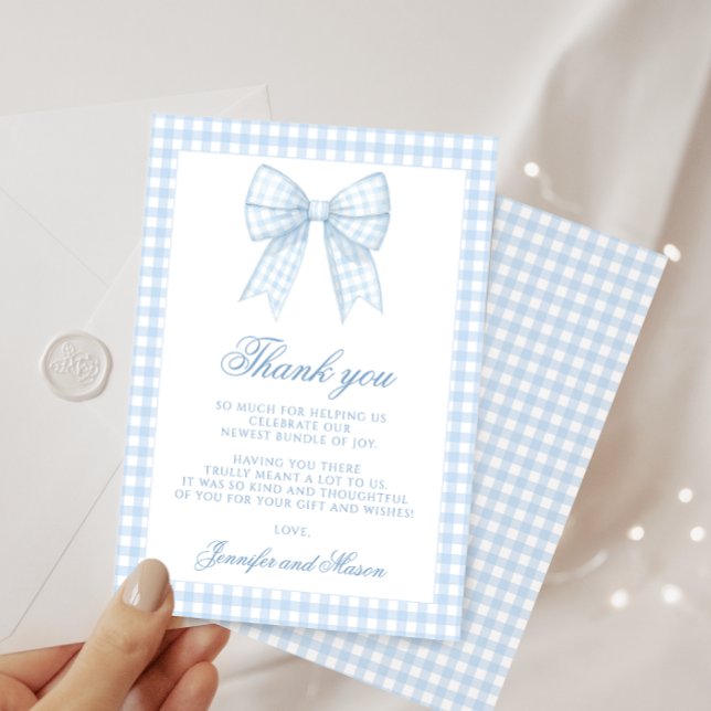 Cute blue gingham bow ribbon baby shower thank you card (Creator Uploaded)