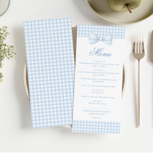 Cute Blue Gingham Bow Tie Baby Boy Shower Menu Invitation