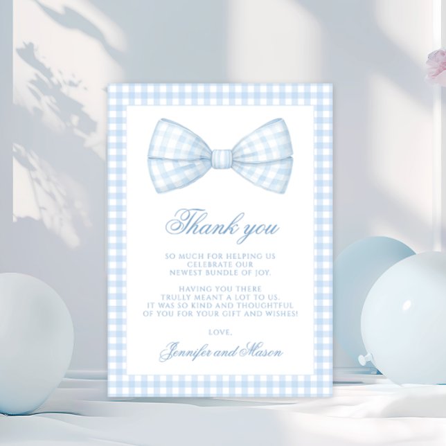 Cute blue gingham bow tie baby boy shower thank you card (Creator Uploaded)