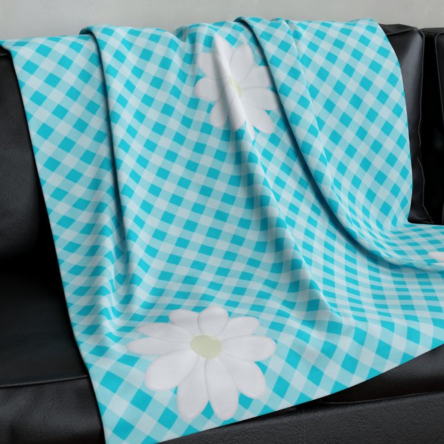 Cute Blue Gingham Check Daisy Fleece Blanket (A pretty blue gingham check fleece blanket with cute daisy flowers at the corners. )