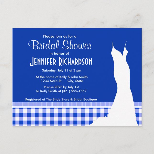 Cute Blue Gingham; Chequered Invitation Postcard (Front)