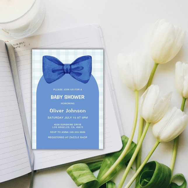 Cute Blue Gingham Plaid Arch Bow Boy Baby Shower  Invitation (Cute Blue Gingham Plaid Arch Bow Boy Baby Shower Invitation)