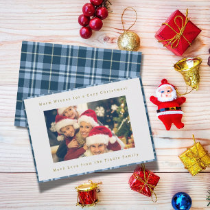 Cute Blue Gingham Plaid Family Photo Christmas Holiday Card