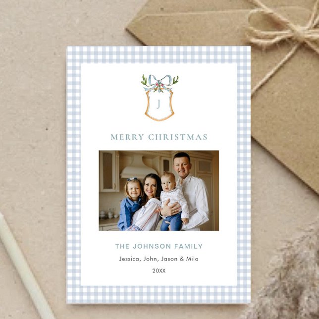 Cute Blue Gingham Plaid Monogrammed Christmas  Holiday Card (Creator Uploaded)