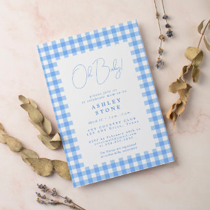 Cute blue gingham simple baby shower invitation