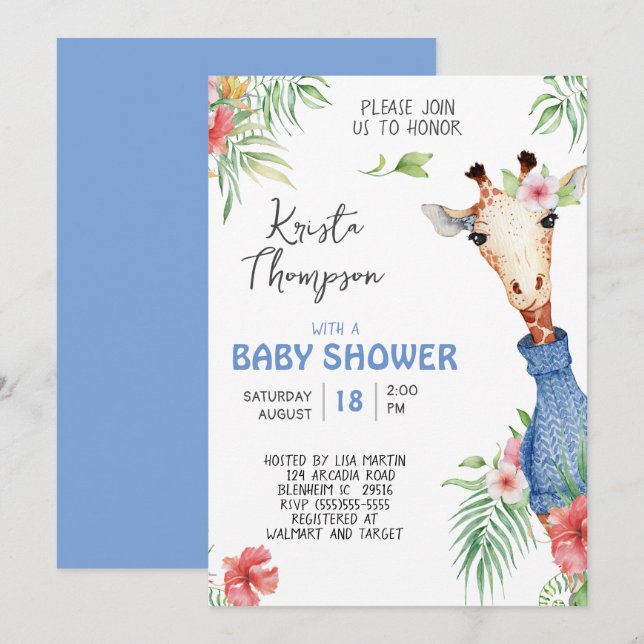 Cute Blue Giraffe  Baby Shower Invitation (Front/Back)