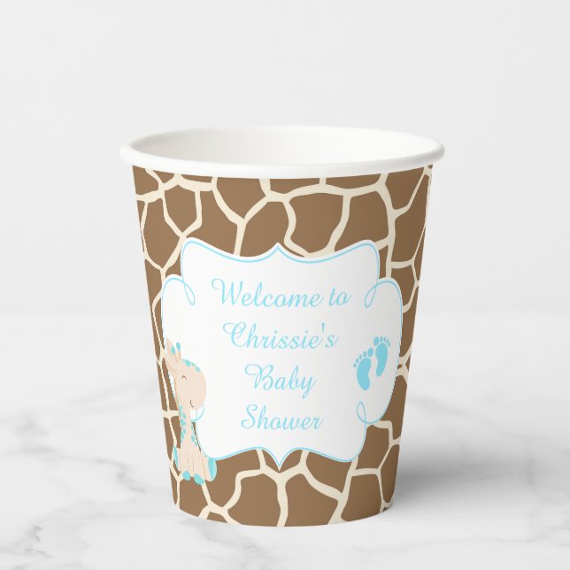 Cute Blue Giraffe Baby Shower Paper Cups (Front)