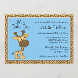 Cute Blue Giraffe Boy Baby Shower Invitation