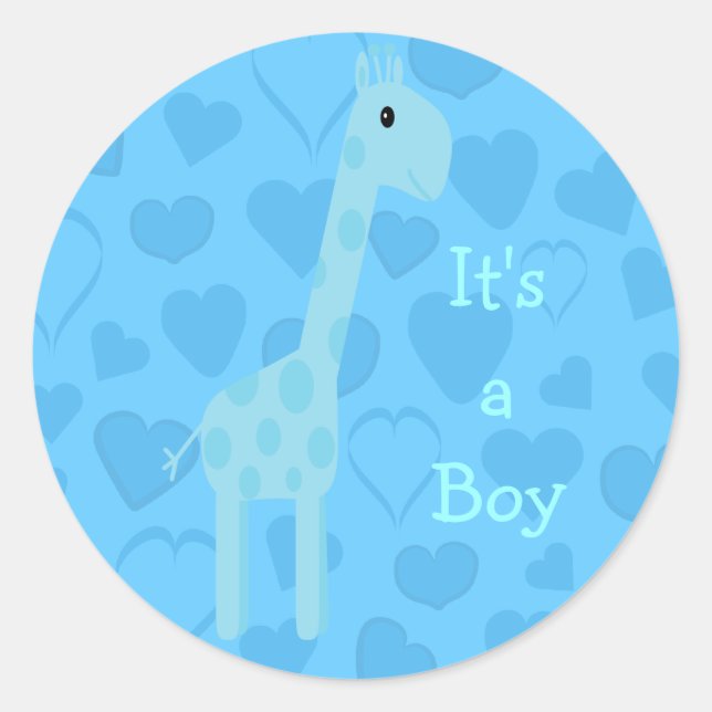 Cute Blue Giraffe & Hearts Its A Boy New Baby Classic Round Sticker (Front)
