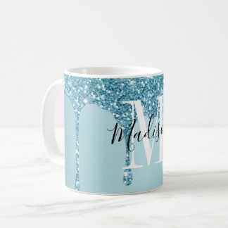 Cute blue  glitter  monogram coffee mug