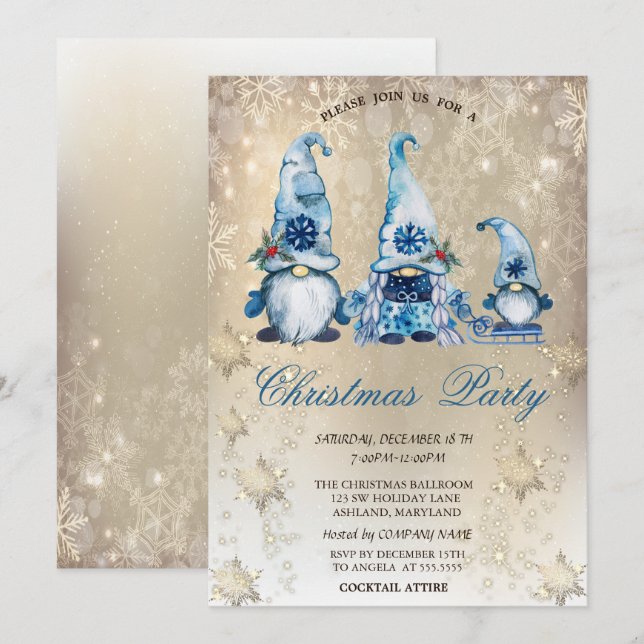 Cute Blue Gnomes Snowflakes Gold Party   Invitation (Front/Back)