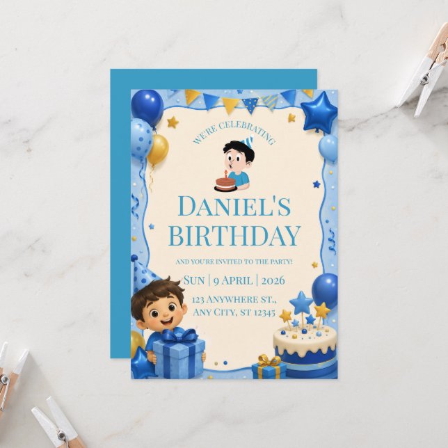 Cute Blue & Gold Boy Birthday Invitation (Front/Back In Situ)