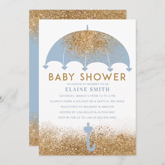 Cute Blue Gold Glitter Umbrella Baby Shower Invitation (Front/Back)
