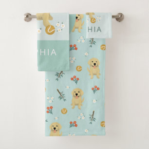 Cute Blue Golden Retriever Dog Monogram Bath Towel Set