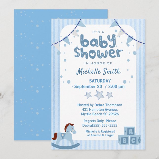 Cute Blue Graphic Boys Toys Baby Shower Invitation (Front/Back)