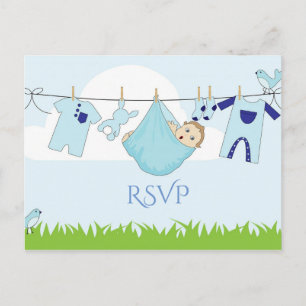 Cute Blue Green Boy Baby Shower RSVP Postcard