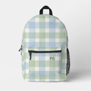 Cute Blue Green Check Plaid Monogram Initials Printed Backpack