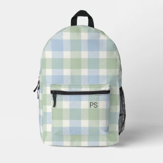 Cute Blue Green Check Plaid Monogram Initials Printed Backpack