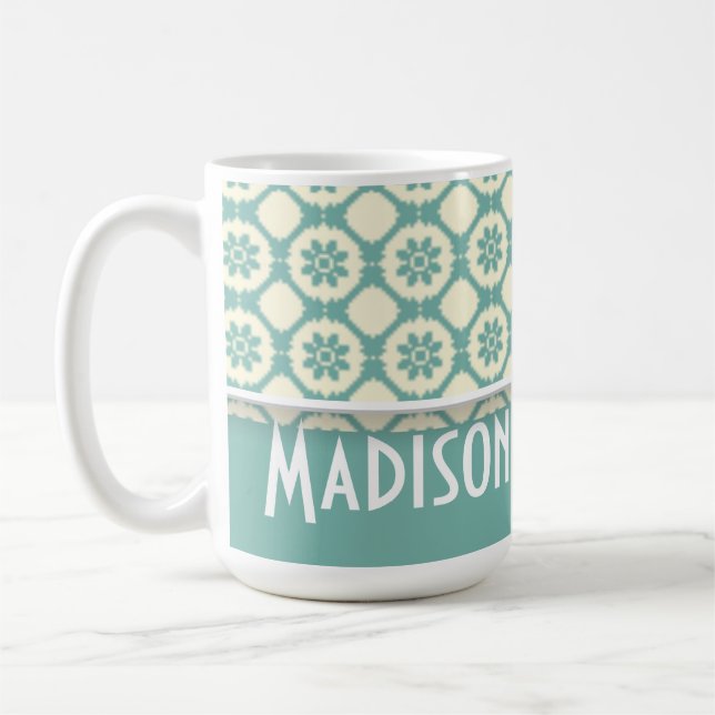 Cute Blue-Green & Cream Floral Coffee Mug (Left)