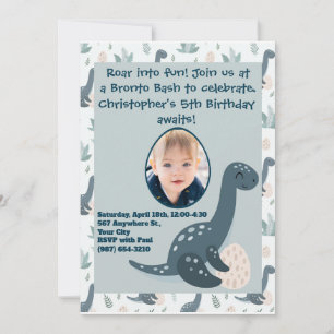 Cute Blue Green Dinosaur Custom Photo and Name Invitation
