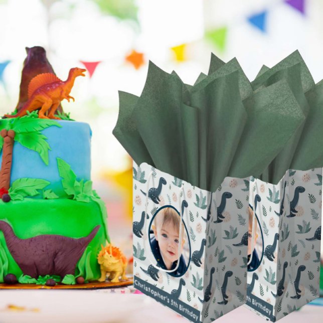 Cute Blue Green Dinosaur Custom Photo and Name Medium Gift Bag (Creator Uploaded)