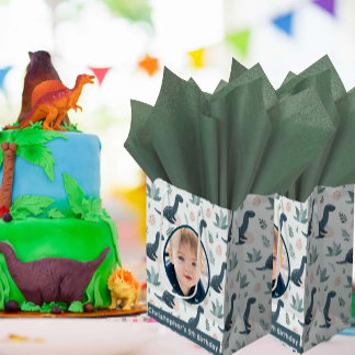 Cute Blue Green Dinosaur Custom Photo and Name Medium Gift Bag