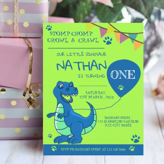 Cute Blue Green Dinosaur First Birthday Invitation Postcard (Creator Uploaded)