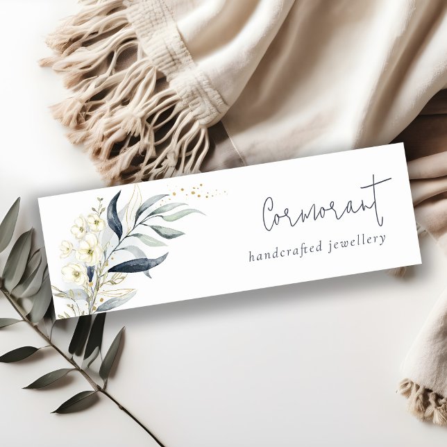 Cute Blue Green Gold Leafy Botanical Floral Bunch Mini Business Card (Creator Uploaded)