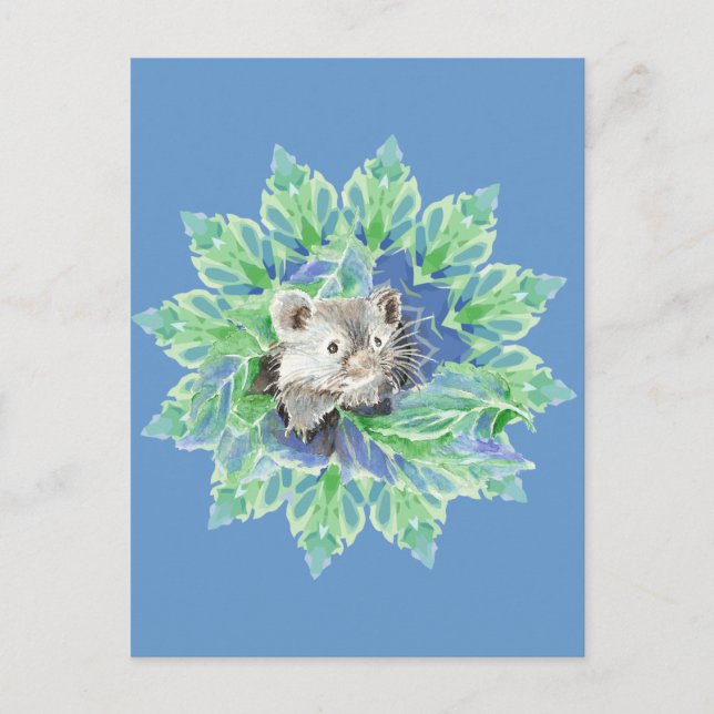 Cute Blue, Green Hamster in Leafy Bed for Kids Postcard (Front)