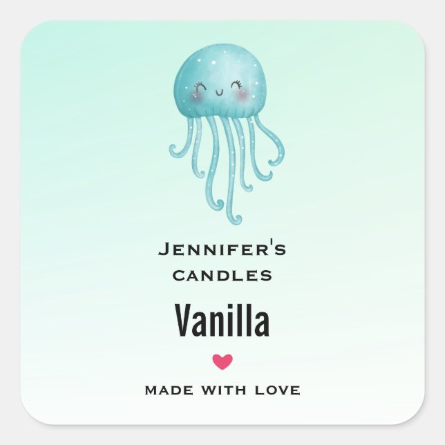 Cute Blue-Green Jellyfish Candle Business Square Sticker (Front)