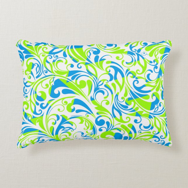 Cute blue green mixed floral patterns decorative cushion (Front)
