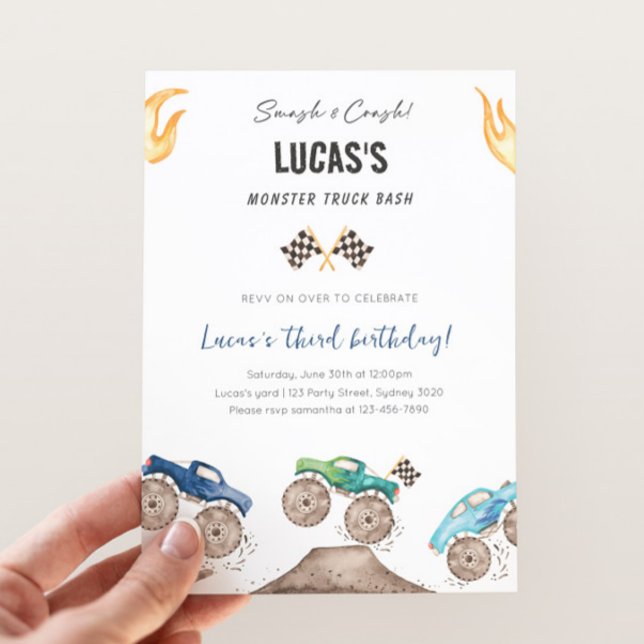 Cute Blue & Green Monster Trucks Birthday Party Invitation (Creator Uploaded)