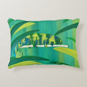 Cute Blue Green Yellow Chameleon on a Branch Decorative Cushion