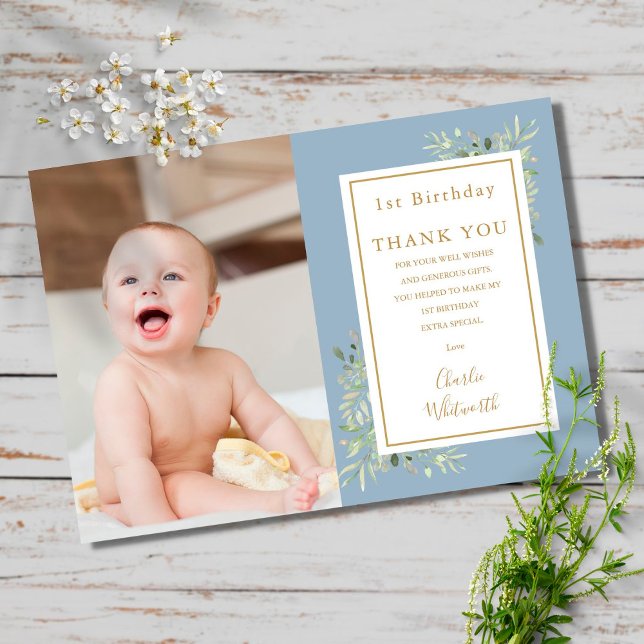 Cute Blue Greenery 1st Birthday Photo Thank You Card (Creator Uploaded)