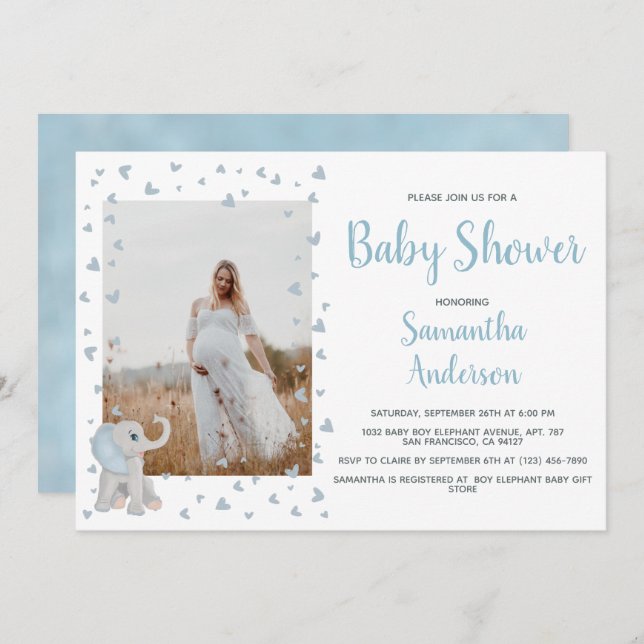Cute Blue Grey Baby Elephant Watercolor Photo  Invitation (Front/Back)