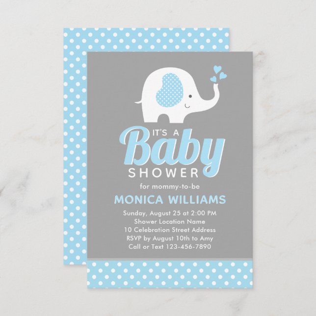 Cute Blue Grey Boy Baby Shower Invitation Elephant (Front/Back)