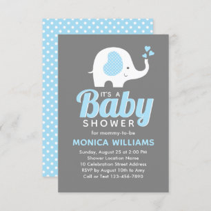 Cute Blue Grey Boy Elephant Baby Shower Invitation