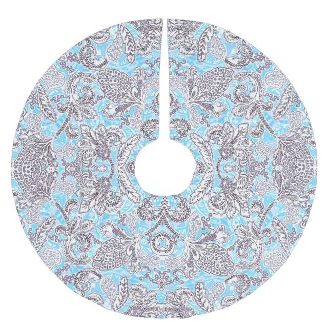 Cute blue grey classic floral brushed polyester tree skirt (Front)