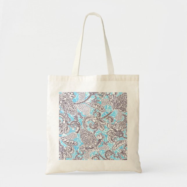 Cute blue grey classic floral tote bag (Front)