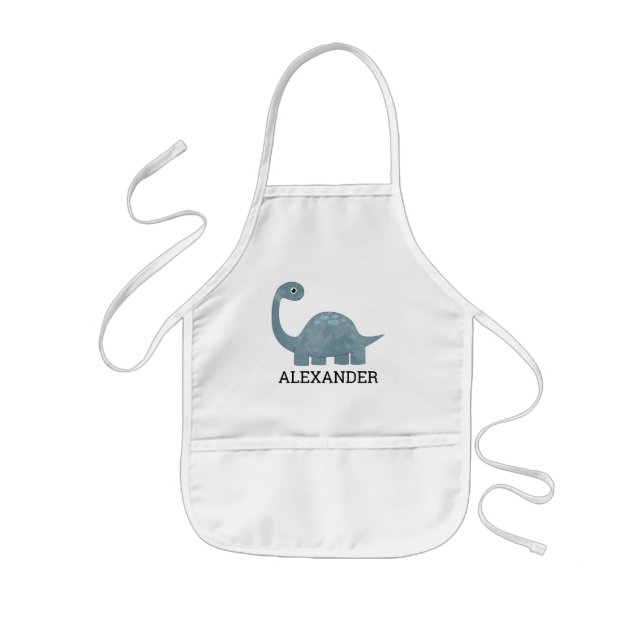 Cute Blue Grey Dinosaur Personalised Kids Apron (Front)