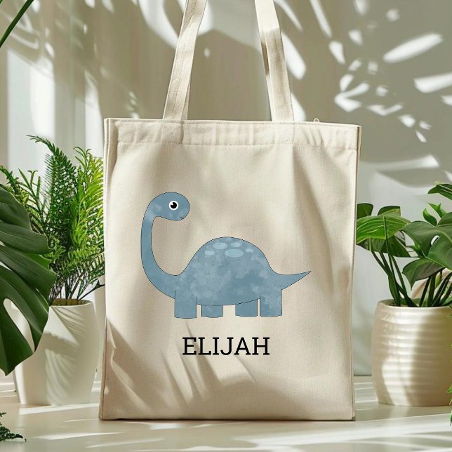 Cute Blue Grey Dinosaur Personalised Kids Tote Bag (Creator Uploaded)