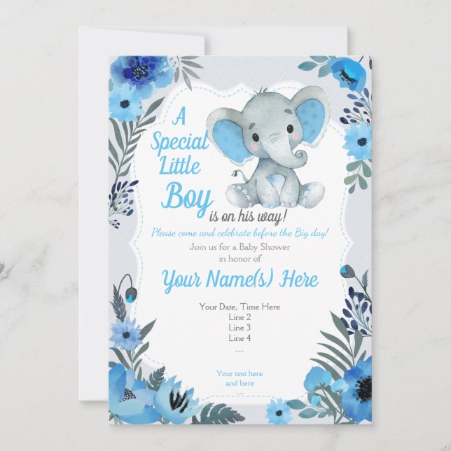 Cute Blue Grey Elephant Invitation Baby Shower (Front)