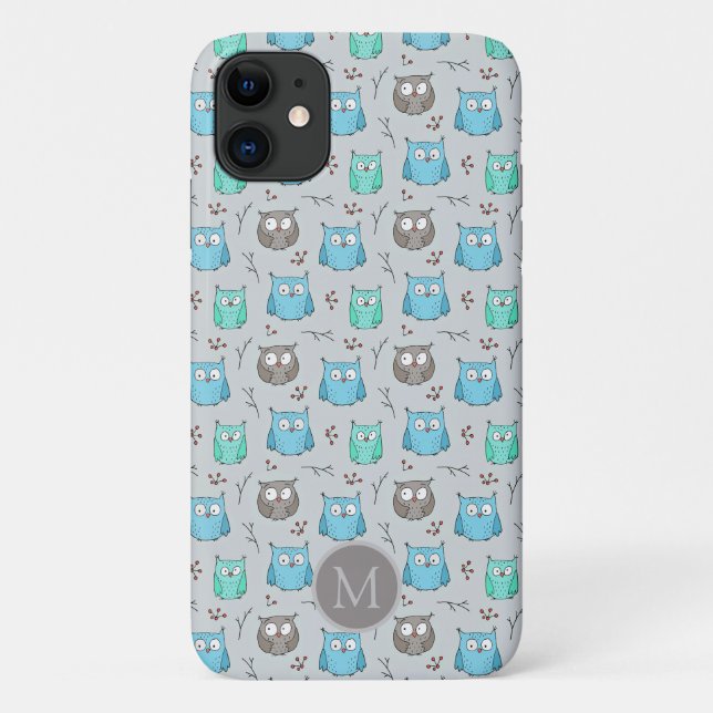 Cute Blue Grey Owl Pattern Monogram Case-Mate iPhone Case (Back)