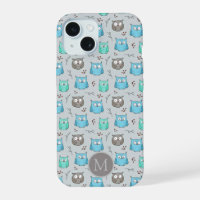 Cute Blue Grey Owl Pattern Monogram