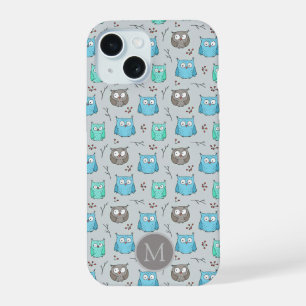Cute Blue Grey Owl Pattern Monogram iPhone 15 Case