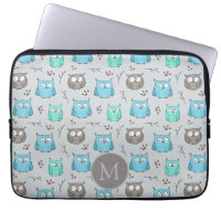 Cute Blue Grey Owl Pattern Monogram