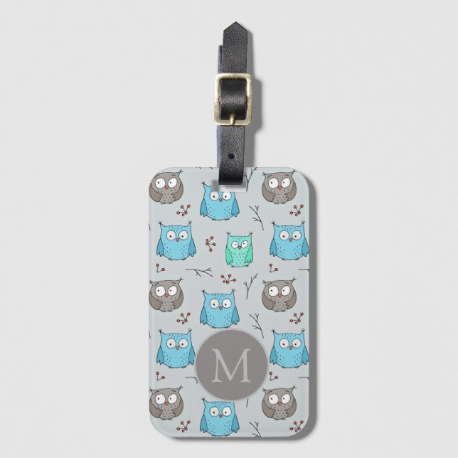 Cute Blue Grey Owl Pattern Monogram Luggage Tag (Front Vertical)